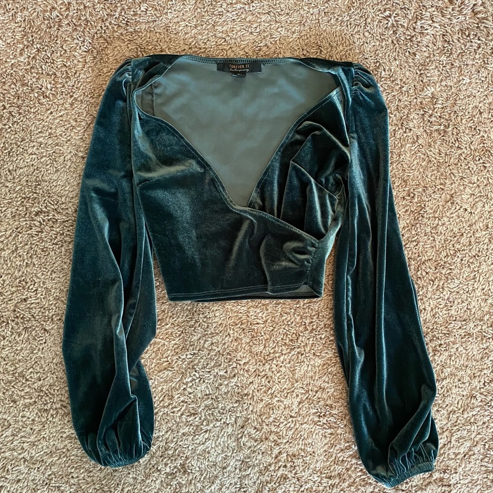 Velvet Surplice Long Sleeve Crop Top